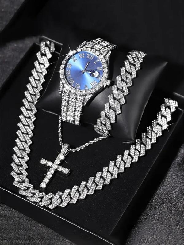 Men's Rhinestone Wristwatch & Cross Necklace & Chain Necklace & Link Bracelet, Fashion Analog  Luxury Watches  for Men Party, Daily Decor, Trendy All-match & Exquisite Watch Set for Gift