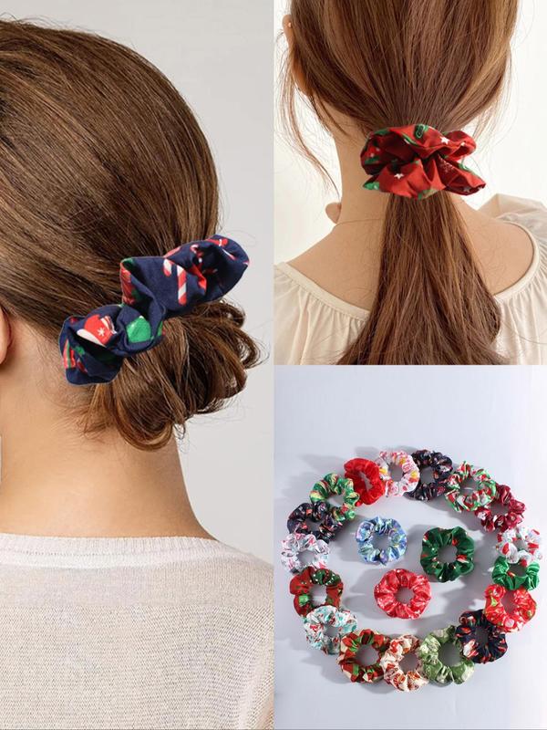 Christmas Themed Ruched Design Hair Ties, Cute Scrunchies for Women & Girls, Minimalist Headwear Suitable for Thick Hair, Fashion Hair Accessories for Party, Daily Decor