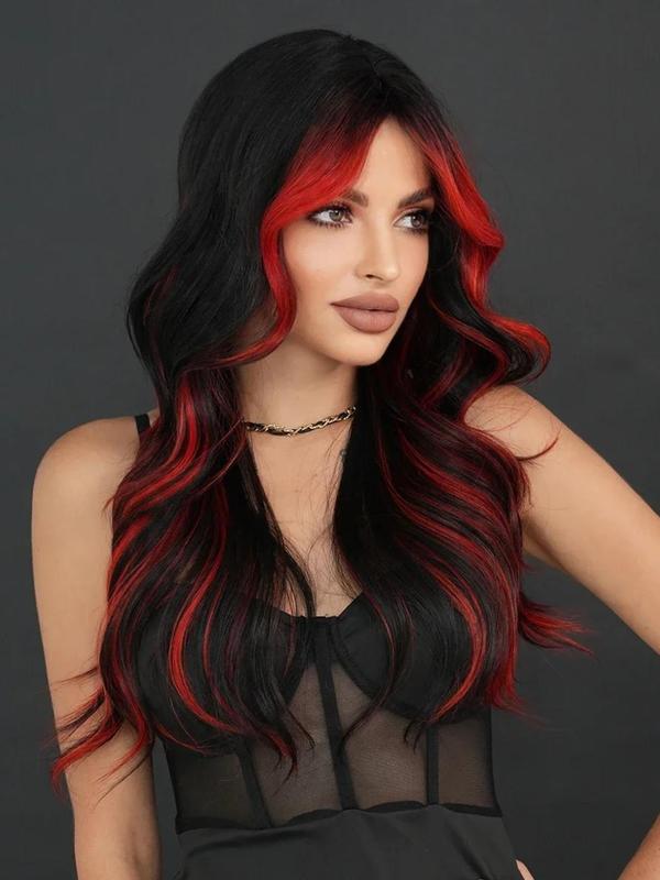 24 Inch Long Wavy Highlight Red Wigs for Women, Gorgeous Fluffy Wigs with Curtain Bangs, Synthetic Full Machine Wigs for Party, Daily Use