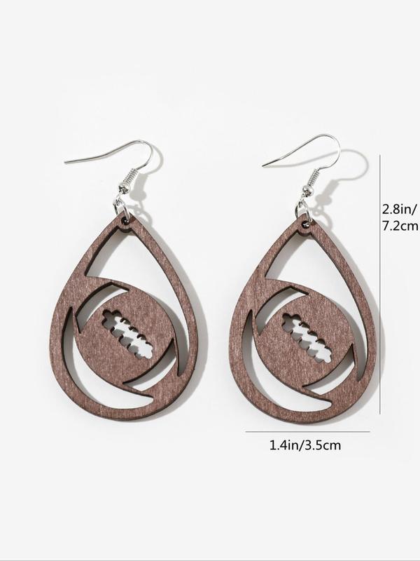 Wooden Football Shaped Dangle Earrings As Gift for Girlfriend, Fall Casual Sports Vintage Jewelry, Trendy Women Accessories for Party and Daily Life, Thoughtful Gift for Her