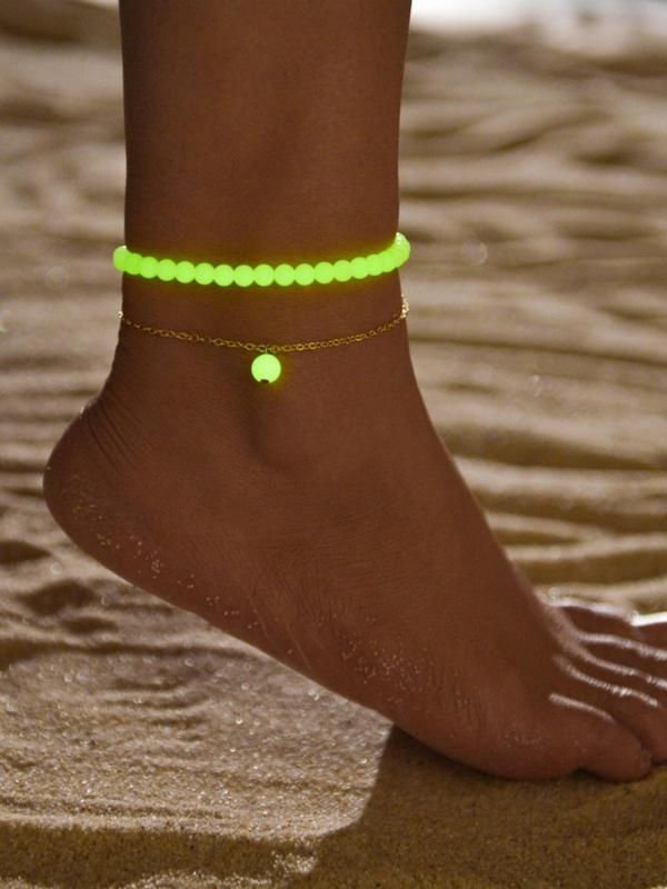 New Trend Creative Glow in the Dark Design Beaded Anklet, 2counts Jewelry for Women & Girls, Party, Daily Jewelry for Birthday Gift