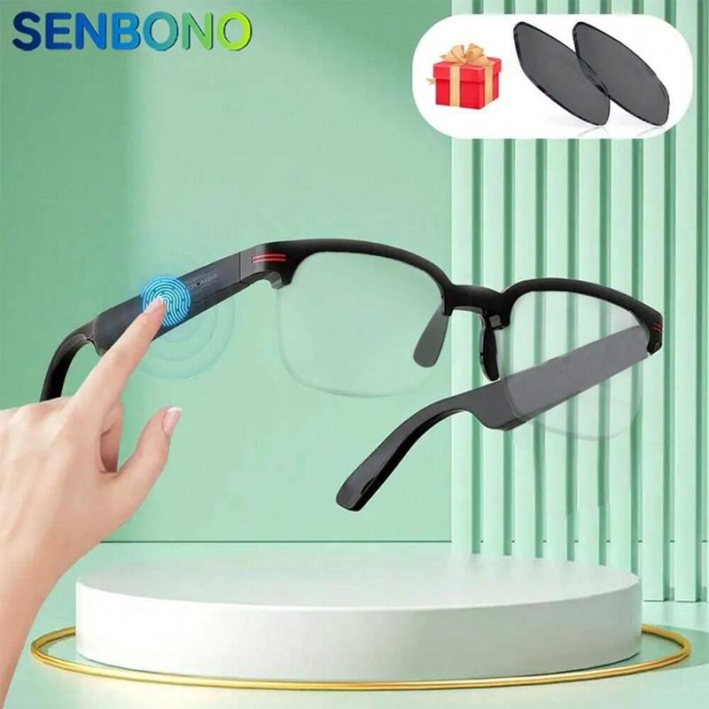 SENBONO Smart Glasses, Wireless Call Music Playback Half Frame Sunglasses with Blue Light UV Protective, Multifunctional Wireless Smart Glasses Headset