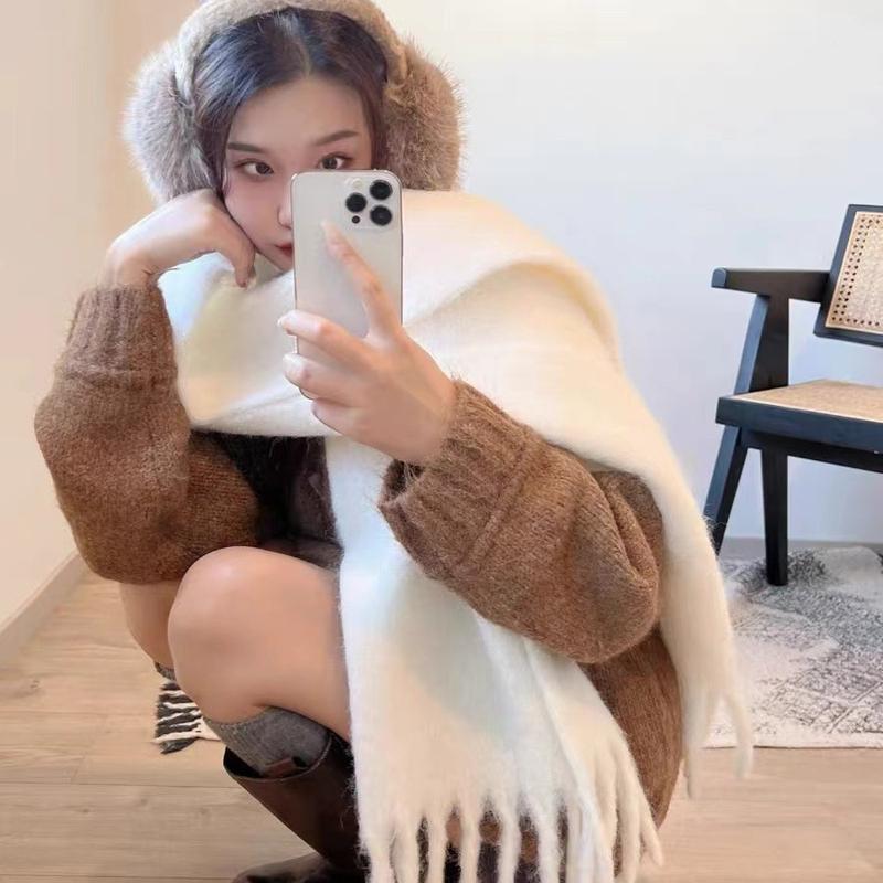 Pure Color Thickened Scarf for Girls 2024 Winter New Korean Style Ins Winter Student Versatile Shawl Scarf White