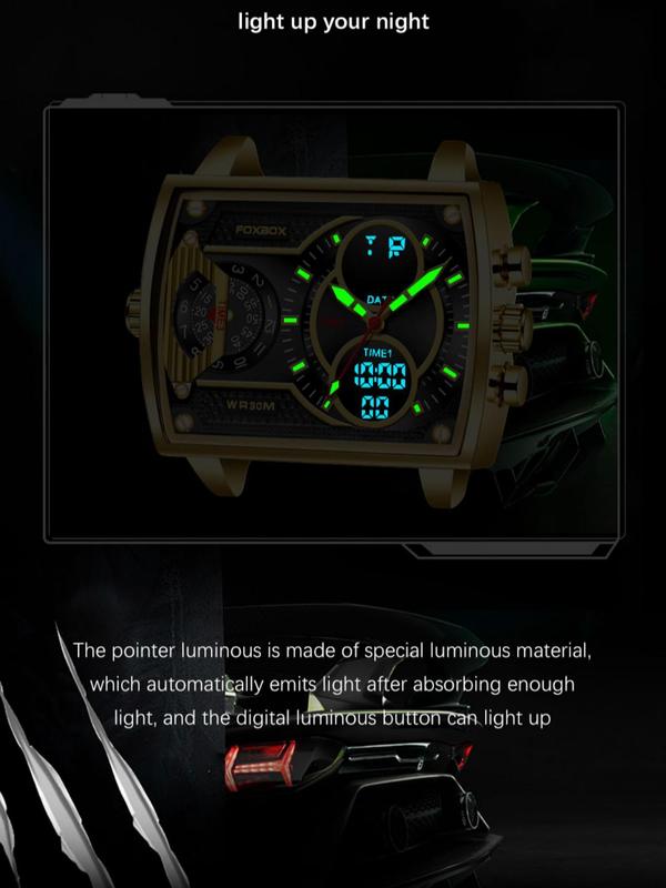 Men's Business Fashion Rectangular Dial, Analog-digital Luminous Quartz Watch, Casual Waterproof Watch, Trendy Watch for Daily Use As Gift with Box