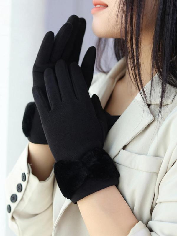 Women's Cute Bow Decorated Gloves, Fashionable Warm Gloves for Winter, Windproof Outdoor Cycling Gloves for Women & Girls