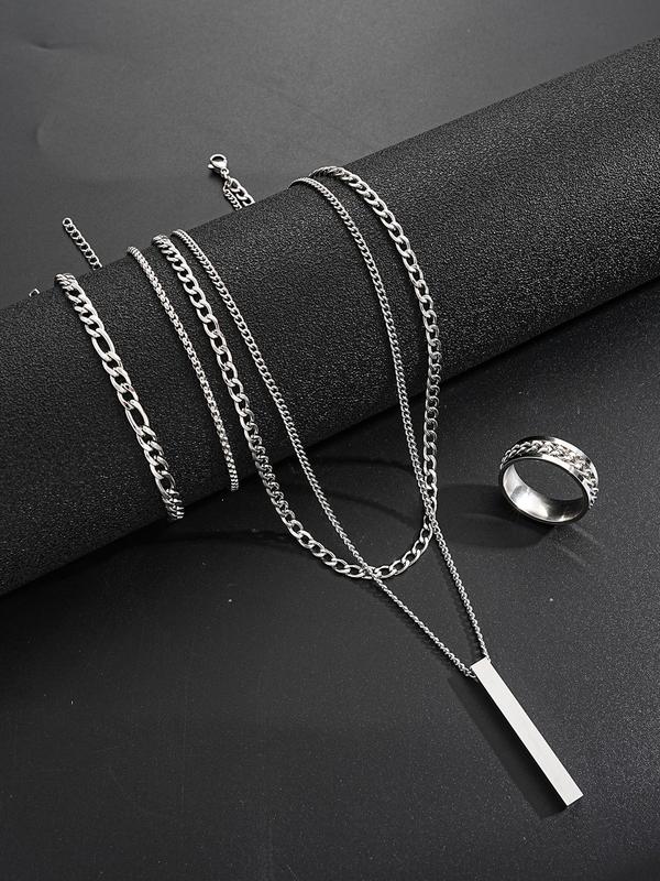 Punk Style Stainless Steel Jewelry Set (4pcs), Including Geometric Pendant Necklace & Ring & Chain Bracelet, Fashion Accessories for Men