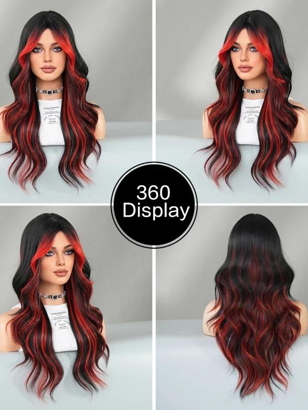 24 Inch Long Wavy Highlight Red Wigs for Women, Gorgeous Fluffy Wigs with Curtain Bangs, Synthetic Full Machine Wigs for Party, Daily Use