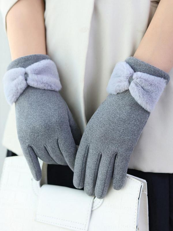 Women's Cute Bow Decorated Gloves, Fashionable Warm Gloves for Winter, Windproof Outdoor Cycling Gloves for Women & Girls