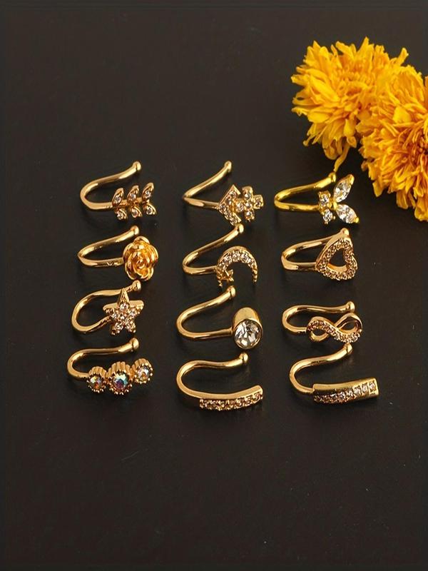 Fashionable Rhinestone Decor Nose Cuff, 12pcs Heart & Star & Leaf & Butterfly Design Non Piercing Nose Ring, Trendy Exquisite Jewelry for Birthday Gift