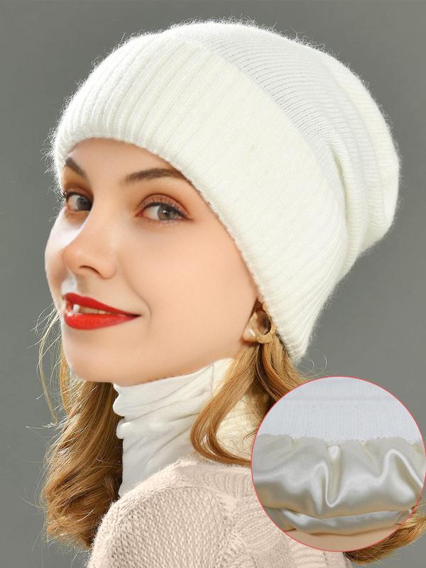 Solid Color Cashmere Wool Blend Satin Lining Beanie Hat, Casual Soft Warm Knit Hat for Fall & Winter, Fashion Accessories for Both Men & Women