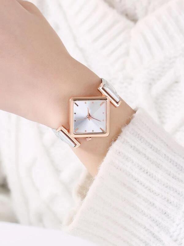 Women's Elegant Square Dial Quartz Watch, Exquisite Minimalist Wristwatch for Daily Use, Trendy Watch for Women & Girls As Gift without Box