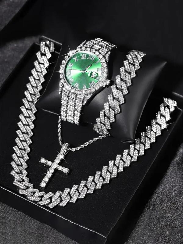 Men's Rhinestone Wristwatch & Cross Necklace & Chain Necklace & Link Bracelet, Fashion Analog  Luxury Watches  for Men Party, Daily Decor, Trendy All-match & Exquisite Watch Set for Gift