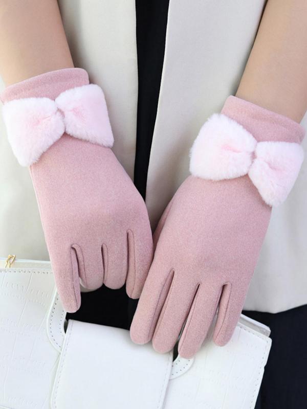 Women's Cute Bow Decorated Gloves, Fashionable Warm Gloves for Winter, Windproof Outdoor Cycling Gloves for Women & Girls