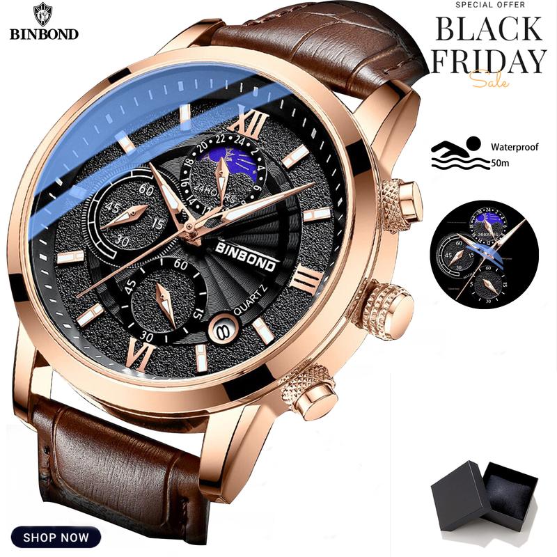 BINBOND Business Outdoor Fashion Waterproof Quartz Men's reloj para hombre s and a cool watches Dial Quartz Watch Men's Round Men's Leather