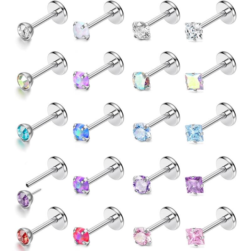 MILACOLATO 20G 18G Threadless Push In Nose Rings Studs 316L Surgical Steel Pushin Nose Stud 3mm Rainbow Crystal Opal Nose Rings Hypoallergenic Nostril Piercing Jewelry for Women Men 20count