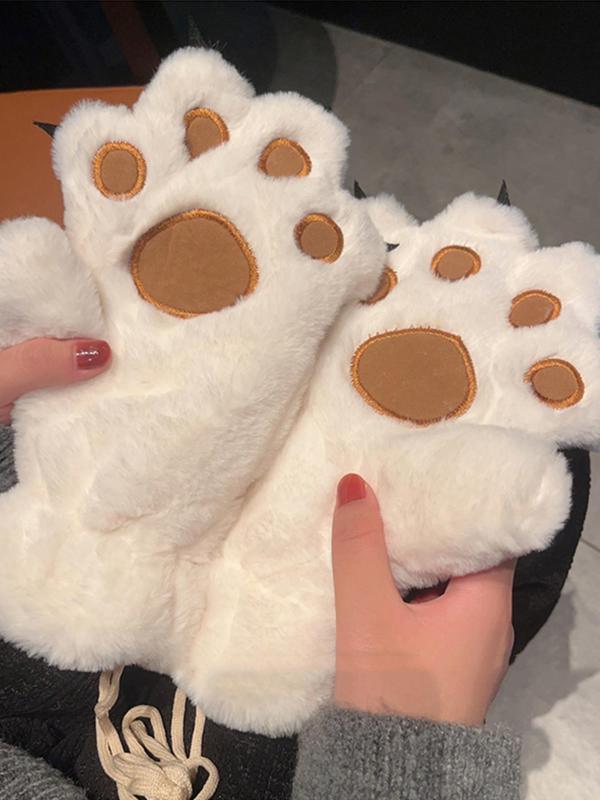 Cute Bear Paw Design Plush Gloves, Colorblock Warm Gloves for Women & Men, Fashion Accessories for Fall & Winter