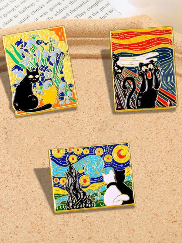 Cartoon Cat & Starry Night Design Brooch, Cute Lovely Clothes Brooch, Fashion Accessories for Women & Men