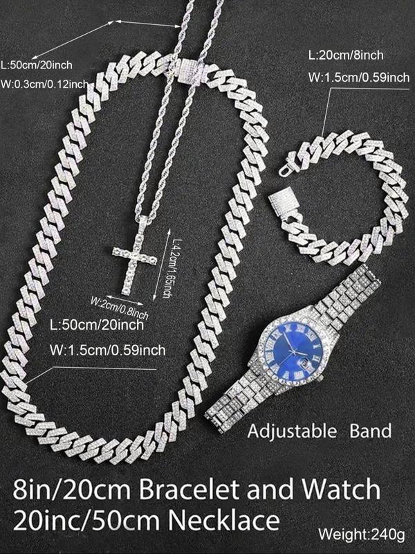 Men's Rhinestone Wristwatch & Cross Necklace & Chain Necklace & Link Bracelet, Fashion Analog  Luxury Watches  for Men Party, Daily Decor, Trendy All-match & Exquisite Watch Set for Gift