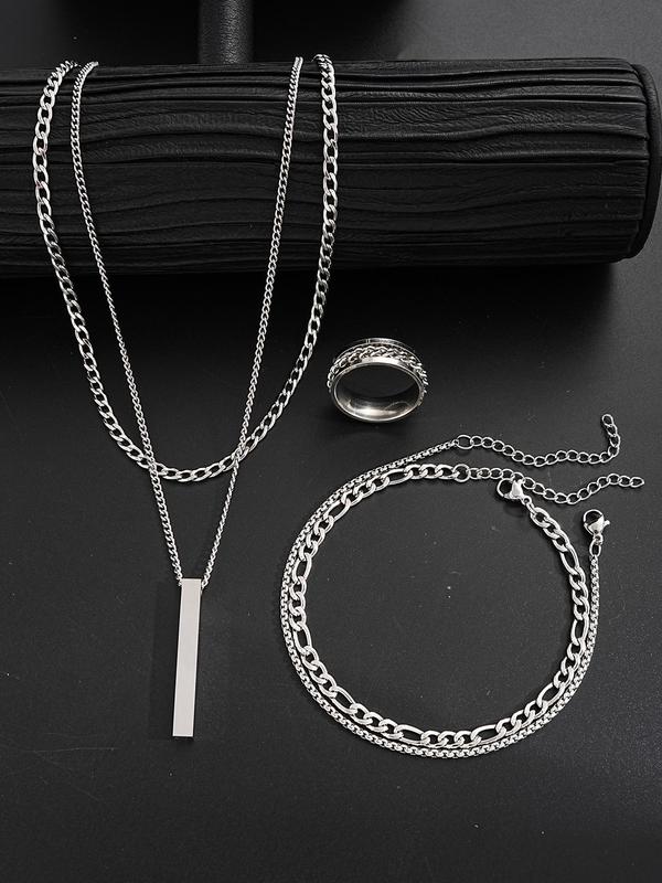 Punk Style Stainless Steel Jewelry Set (4pcs), Including Geometric Pendant Necklace & Ring & Chain Bracelet, Fashion Accessories for Men