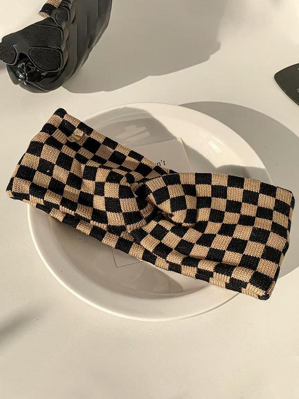 Women's Elegant Checkerboard Pattern Twist Design Hair Band, Casual Versatile Hair Accessories for Daily Wear, Fashionable Hair Accessories for Women & Girls