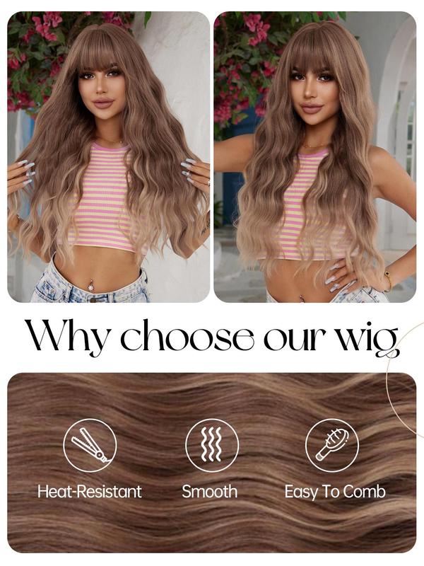 32 Inch Ombre Brown Long Wavy Wigs for Women, Gorgeous Fluffy Wigs with Bangs, Synthetic Full Machine Wigs for Party, Daily Use