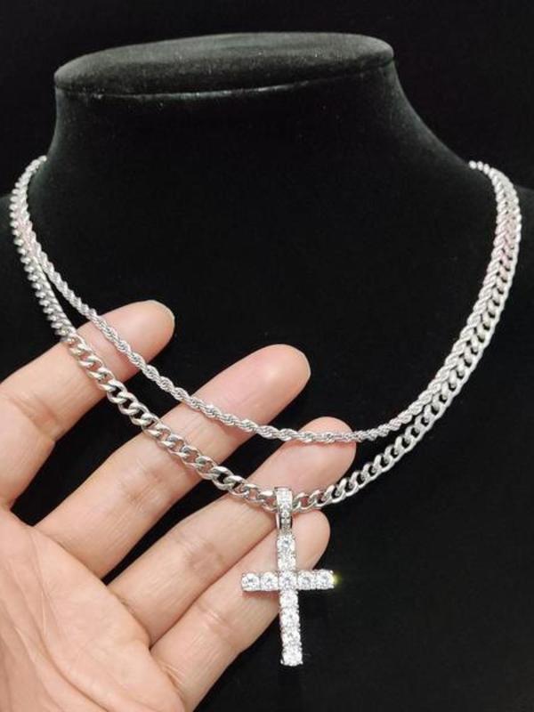 Men's Punk Style Rhinestone Decorated Criss Cross Pendant Necklace & Chain Necklace, Hip Hop Jewelry for Party, Daily Decor, Trendy All-match & Exquisite Jewelry for Birthday Gift