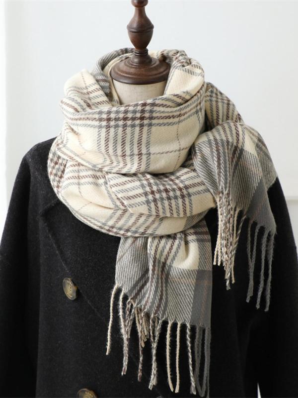 Plaid Pattern Tassel Decor Scarf, Casual Soft Warm Thickened Shawl for Women & Men, Fashion Accessories for Daily Wear