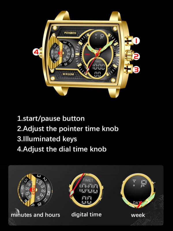 Men's Business Fashion Rectangular Dial, Analog-digital Luminous Quartz Watch, Casual Waterproof Watch, Trendy Watch for Daily Use As Gift with Box