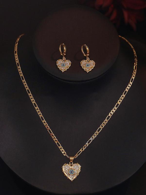 Women's Elegant Rhinestone Decorated Heart Design Pendant Necklace & Dangle Earrings, Exquisite Trendy Jewelry Set, Fashionable Accessories for Daily & Party Decoration