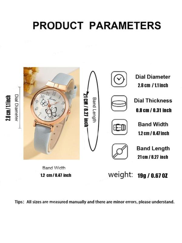 Women's Cute Butterfly Design Quartz Watch & Jewelry Set, Including Round Dial Watch & Pendant Necklace & Dangle Earrings & Bracelet, Fashionable Watch Set for Women As Gift