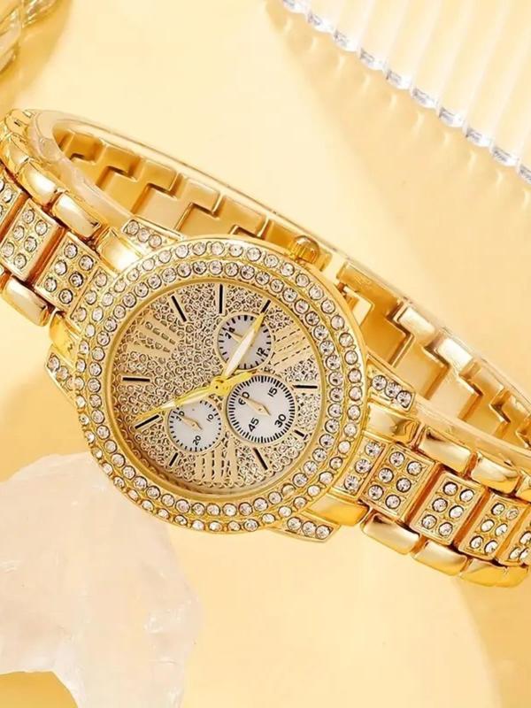 Women's Elegant Rhinestone Decorated Watch & Jewelry Set, Including Round Dial Watch & Bracelet & Ring & Pendant Necklace & Stud Earrings, Fashion Watch Set for Party, Daily Decor