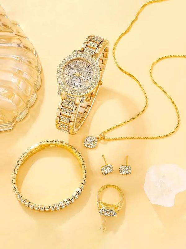 Women's Elegant Rhinestone Decorated Watch & Jewelry Set, Including Round Dial Watch & Bracelet & Ring & Pendant Necklace & Stud Earrings, Fashion Watch Set for Party, Daily Decor