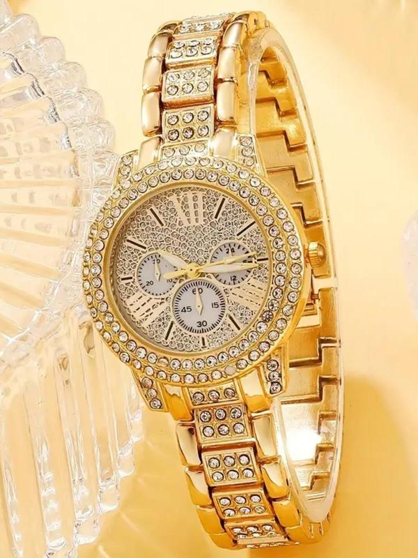 Women's Elegant Rhinestone Decorated Watch & Jewelry Set, Including Round Dial Watch & Bracelet & Ring & Pendant Necklace & Stud Earrings, Fashion Watch Set for Party, Daily Decor