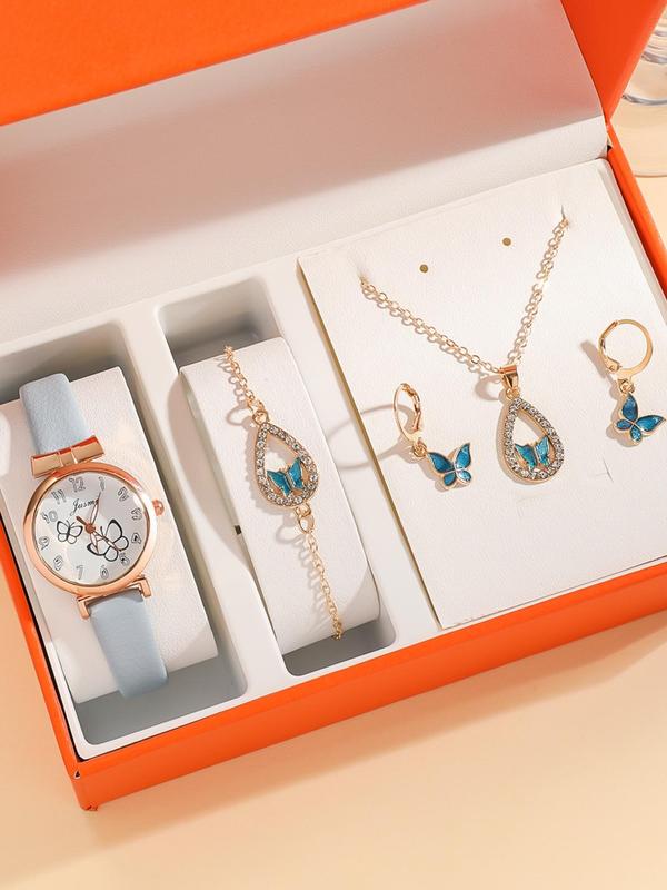 Women's Cute Butterfly Design Quartz Watch & Jewelry Set, Including Round Dial Watch & Pendant Necklace & Dangle Earrings & Bracelet, Fashionable Watch Set for Women As Gift