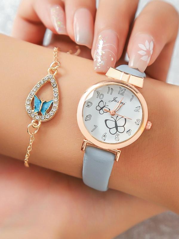 Women's Cute Butterfly Design Quartz Watch & Jewelry Set, Including Round Dial Watch & Pendant Necklace & Dangle Earrings & Bracelet, Fashionable Watch Set for Women As Gift