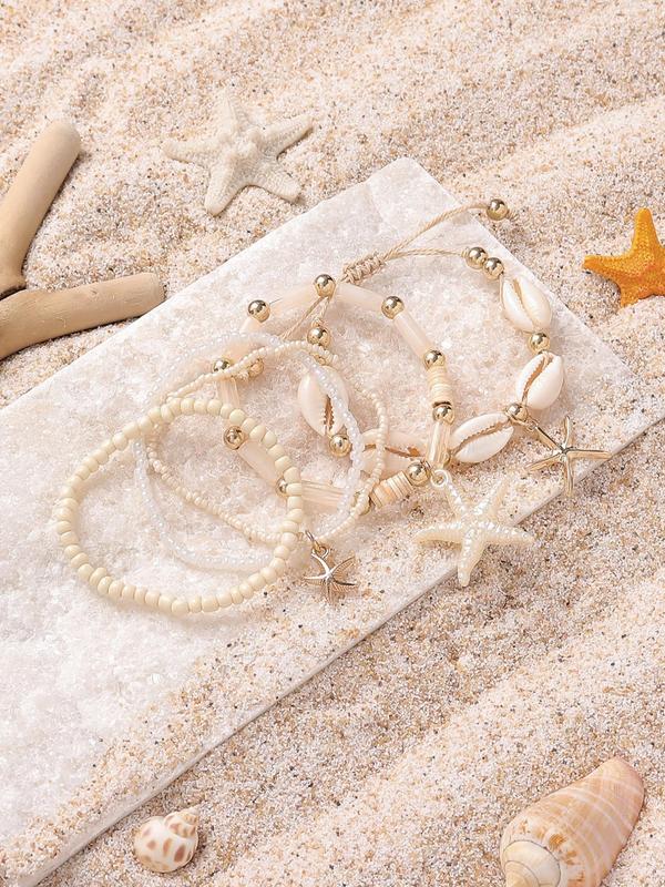 Boho Style Beaded Bracelets, 4 Counts set Shell & Starfish Design Bracelets for Women & Girls for Party, Daily Decor, Trendy All-match & Exquisite Jewelry for Birthday Gift