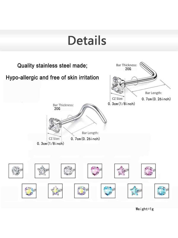 12pcs set Rhinestone Decor Nose Studs, Stainless Steel Nose Rings, Fashion Body Jewelry for Women & Men