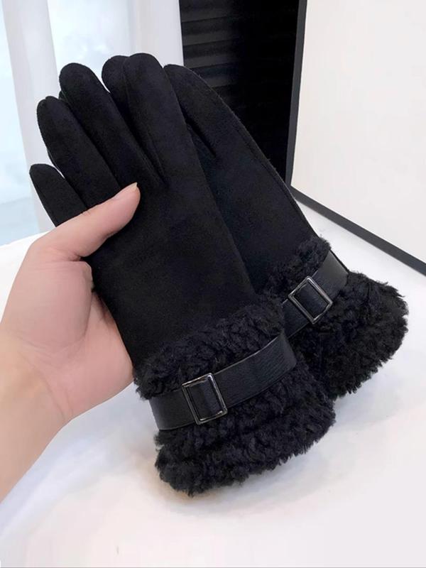 Women's Solid Color Belted Design Faux Fur Lined Gloves, Casual Trendy Warm Full Finger Gloves for Outdoor Cycling, Fashionable Gloves for Fall & Winter