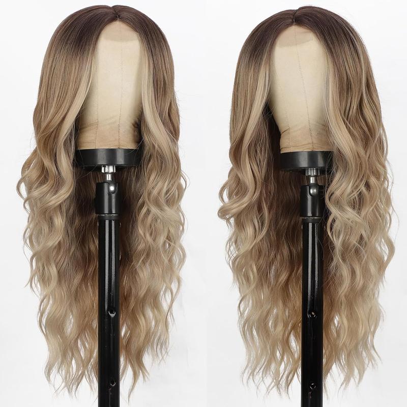 Ombre Blonde Wig for Women 26 Inches Long  Wavy Blonde Middle Part Wigs with Dark Root Synthetic Heat Resistant Wig for Daily Party