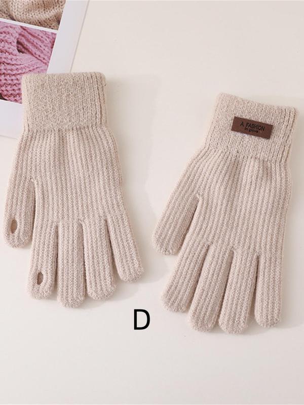 Women's Solid Color Label Patched Design Full Finger Gloves, Casual Soft Comfortable Warm Gloves for Fall & Winter, Fashion Accessories for Women & Girls