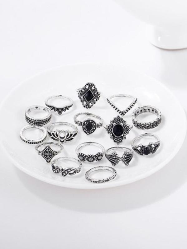 Boho Style Rhinestone Decorated Mixed Shaped Rings (15pcs), Fashion Accessories for Women & Men, Style Fashion Ring for Party, Daily Clothing Decor, Trendy Jewelry for Birthday Gift