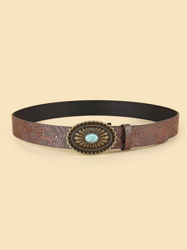 Floral Pattern PU Leather Belt, Fashion Solid Color Buckle Decorative Belt for Women, Floral Design Jeans Skirts Decoration Belt