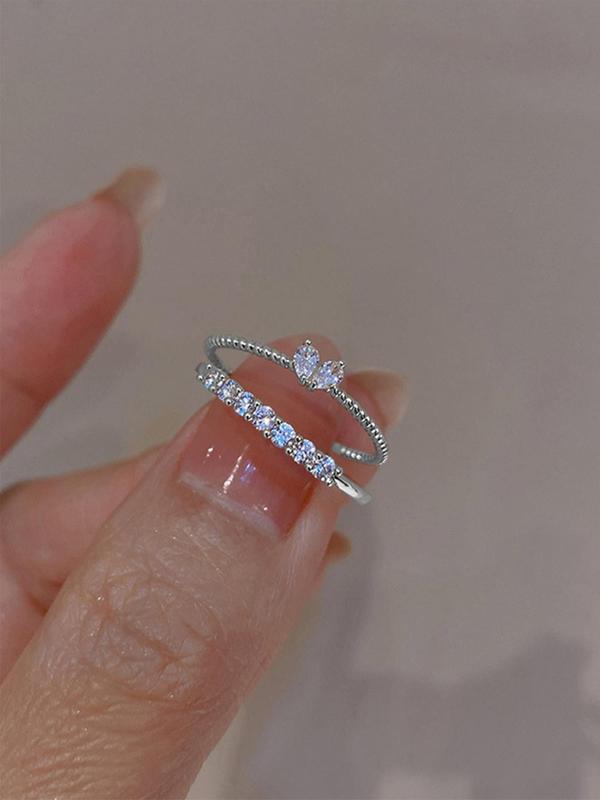 Women's Elegant Rhinestone Decor Heart Cuff Rings, Trendy Promise Rings, Fashion Cute Kawaii Accessories for Party, Daily Clothing Decor for Girl