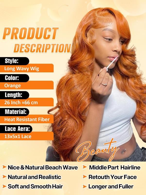 24 Inch Orange Long Wavy Lace Front Pre Plucked Wigs for Women, Gorgeous Fluffy Wigs without Bangs, Synthetic Wigs with Baby Hair for Party, Daily Use Glueless