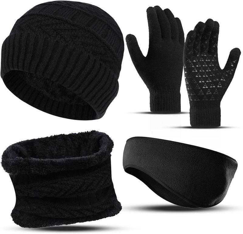 Beanie Hat Scarf Gloves Set for Men Women, Fleece Beanie Hats, Warmer, Ear Warmer and Touch Screen Knit Gloves Set