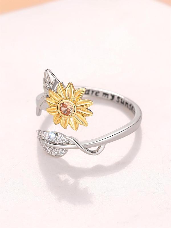 Sunflower Design Rhinestone Decorated Ring, Elegant Flower Design Ring for Women, Fashion Jewelry Accessories for Party, Daily Clothing Decor