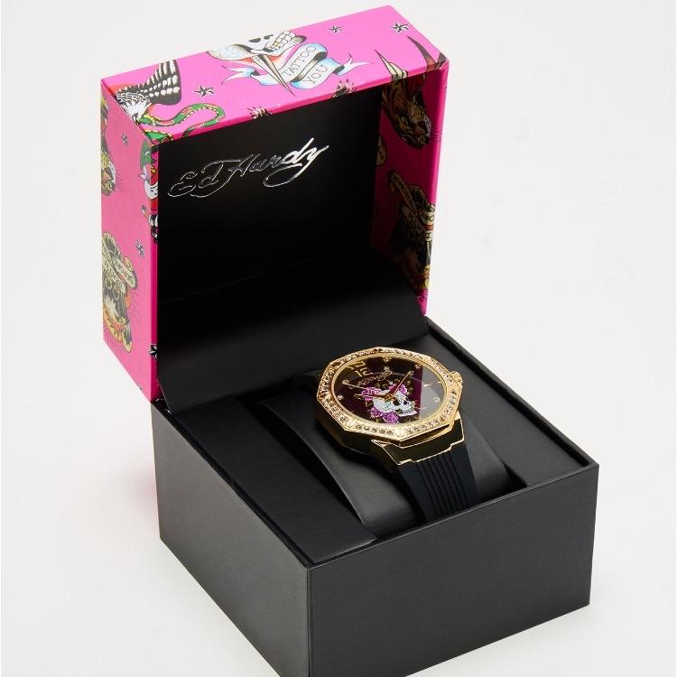 ED HARDY SKULL AND ROSES RHINESTONE WATCH