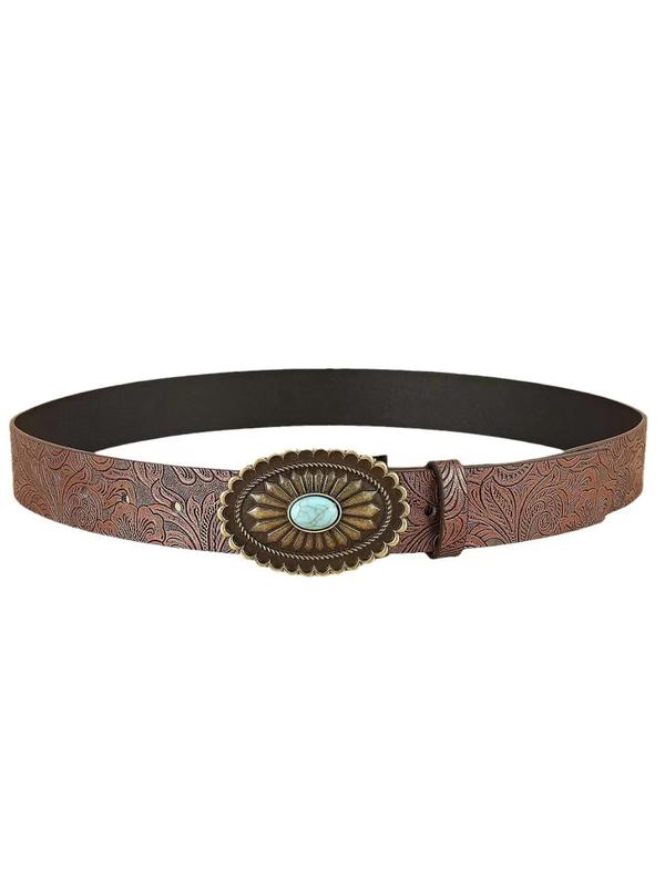 Floral Pattern PU Leather Belt, Fashion Solid Color Buckle Decorative Belt for Women, Floral Design Jeans Skirts Decoration Belt