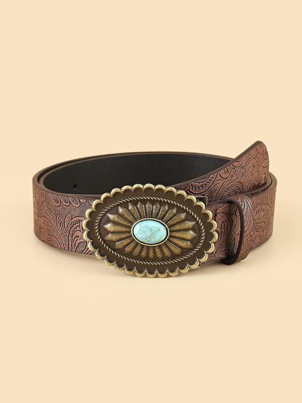 Floral Pattern PU Leather Belt, Fashion Solid Color Buckle Decorative Belt for Women, Floral Design Jeans Skirts Decoration Belt