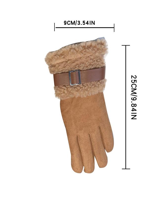 Women's Solid Color Belted Design Faux Fur Lined Gloves, Casual Trendy Warm Full Finger Gloves for Outdoor Cycling, Fashionable Gloves for Fall & Winter